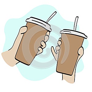closeup two hands holding iced coffee illustration vector hand drawn isolated on white background line art