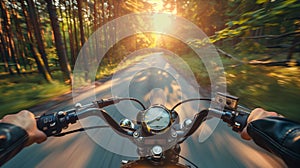 Closeup of two hands on motorcycle handlebars, motorcyclist on paved road