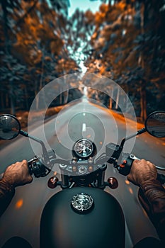 Closeup of two hands on motorcycle handlebars, motorcyclist on paved road