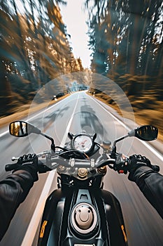 Closeup of two hands on motorcycle handlebars, motorcyclist on paved road