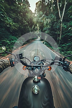 Closeup of two hands on motorcycle handlebars, motorcyclist on paved road