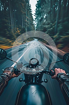 Closeup of two hands on motorcycle handlebars, motorcyclist on paved road