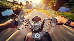 Closeup of two hands on motorcycle handlebars, motorcyclist on paved road