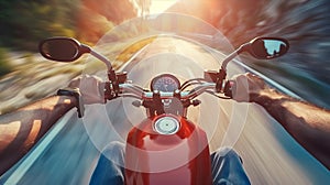 Closeup of two hands on motorcycle handlebars, motorcyclist on paved road