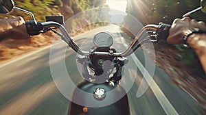 Closeup of two hands on motorcycle handlebars, motorcyclist on paved road