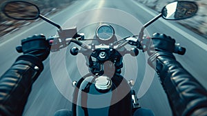 Closeup of two hands on motorcycle handlebars, motorcyclist on paved road