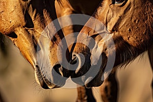 closeup of two horses muzzles coming together in a tender gesture