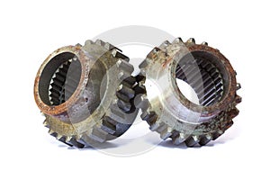 Closeup of two metal cog gears