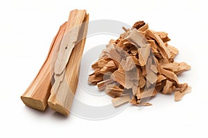 closeup of two piles of cedar or palo santo incense, wood chips isolated over a transparent background, Generative AI.