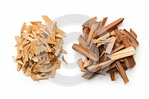 closeup of two piles of cedar or palo santo incense, wood chips isolated over a transparent background, Generative AI.