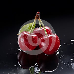 Closeup of two ripe, red cherries laying on a wet surface with water droplets, AI-generated.