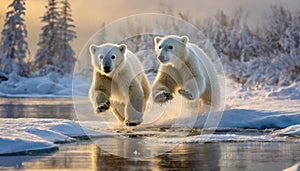 closeup of two snow polar bear cubs jumping and playing in the snow, stepping out of the snow covered ice onto the riverbank.