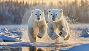 closeup of two snow polar bear cubs jumping and playing in the snow, stepping out of the snow covered ice onto the riverbank.