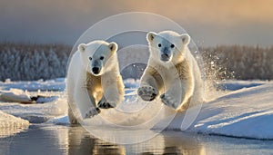 closeup of two snow polar bear cubs jumping and playing in the snow, stepping out of the snow covered ice onto the riverbank.