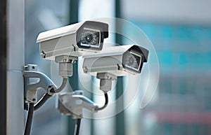 Closeup of two video surveillance cameras overseeing city business district. Generative AI illustration