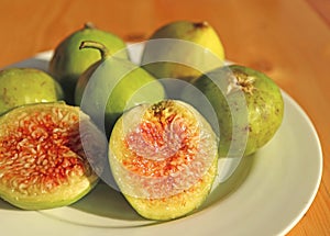 Closeup the unique texture of cut ripe fig flesh