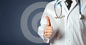 Closeup Unrecognizable Man Doctor Showing Thumbs Up. Gesture Healthcare People Medicine Concept