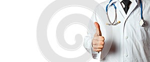 Closeup Unrecognizable Man Doctor Showing Thumbs Up. Gesture Healthcare People Medicine Concept isolated on white background