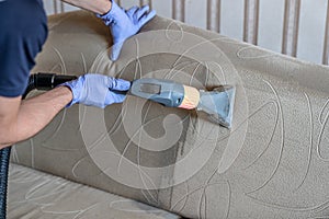 Closeup of upholstered Sofa chemical cleaning