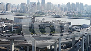 Closeup of urban overpass traffic interchange,moving the lens.