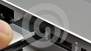 Closeup usb device hot plug laptop 4k footage