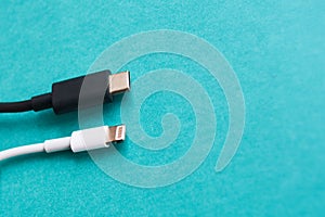 Closeup of USB type c and lightning cable