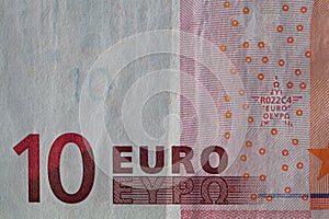 Closeup of a used 10 Euro paper money bill.