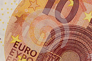 Closeup of a used 10 Euro paper money bill.