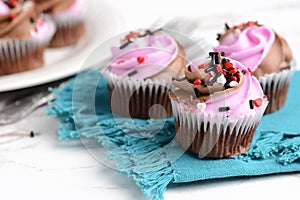 Closeup valentines day cupcakes on a napkin