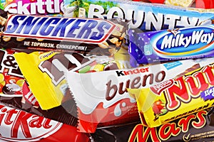 Closeup of a variety chocolate bars