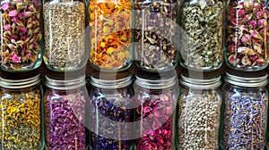 A closeup of a variety of dried herbs and flowers neatly displayed in jars and labeled with their corresponding names photo