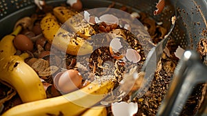 A closeup of a variety of food ss including banana peels eggshells and coffee grounds being broken down by the blades photo