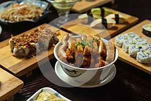 closeup of various japanese food dishes