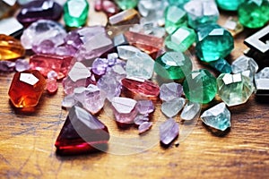 closeup of various raw birthstones on a workshop table