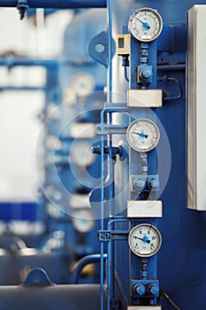 Closeup vertical image of barometers at industrial plant