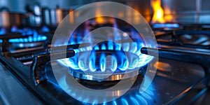 Closeup Of A Vibrant Blue Gas Flame Burning On A Kitchen Stove, Copy Space