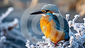 Closeup of a vibrant kingfisher its striking blue and orange plumage providing a pop of color amidst the frostcovered