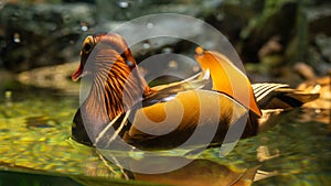 Closeup of a vibrant Mandarin duck floating on the water