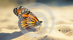 Closeup of a vibrant Monarch erfly its delicate wings coated with fine sand as it struggles to fly through strong desert