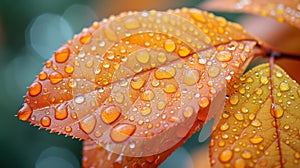 Closeup of a vibrant orange leaf its surface adorned with tiny water droplets from a recent rain shower photo