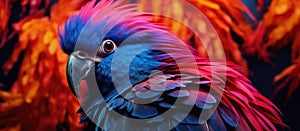 A closeup of a vibrant parrot with red and blue feathers