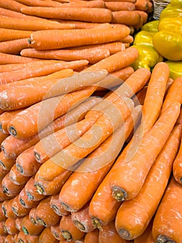 Closeup of a vibrant pile of fresh carrots on display