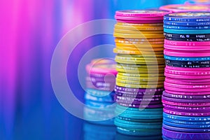 Closeup of a vibrant stack of colorful bangles on a table