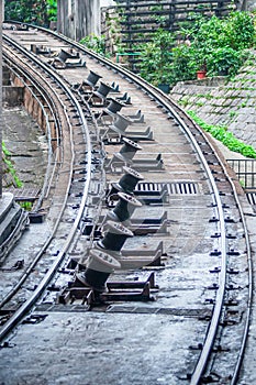 Closeup of Victoria peak tram track bend, Hong Kong, China