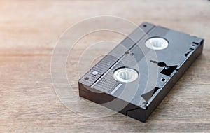 Closeup Video Cassette on wooden table