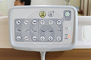 Closeup view of adjustable hospital bed control panel