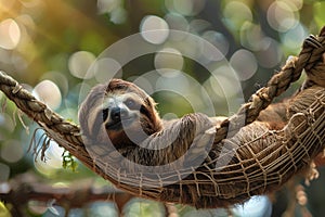 Closeup view of a beautiful cute Sloth relaxing in hammock in its natural habitat photo