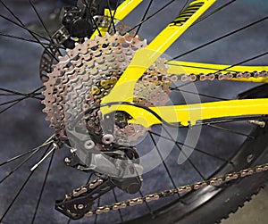 Closeup view of bicycle rear wheel gears