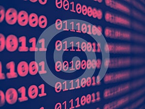 Closeup view of binary computer code with pink 1s and 0s displayed on a blue screen with focus blur effect