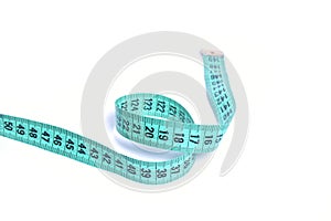 Closeup view of blue measuring tape isolated over white background